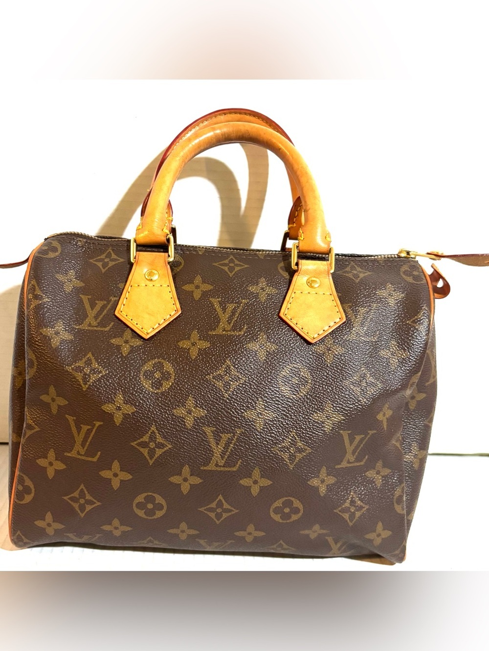 Louis Vuitton Brown Monogram Satchel with Tan Leather Handles